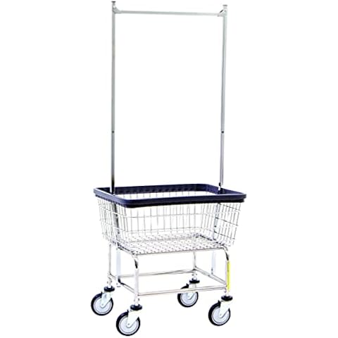 R&B Wire® 100E58 Heavy Duty Wire Laundry Cart with Double Pole Rack | 2.5 Bushel | Steel Frame with Chrome Finish | Commercial Laundry Basket | Industrial Bumper | 5" Clean Wheel System™ Casters Cover