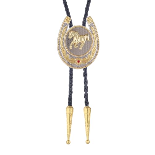 Image of Jeilwiy Bolo Tie for Men, Western Cowboy Golden Longhorn Bull Eagle Horse Cowboy Hat Bolo Necklace Leather Necktie for Women