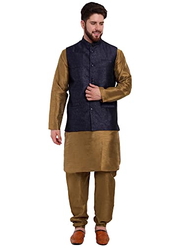 SKAVIJ Mens Embellished Ethnic Wear Nehru Jacket Floral Printed Formal Waistcoat Regular Fit (Large,Blue)