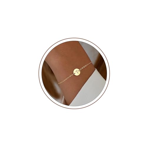 Image of Ursteel Gold Initial Bracelet for Women Trendy - Gifts for Kids Teen Girls, Personalized A-Z Letter Cute Bracelet for Women, Dainty Gold Coin Disc Womens Jewelry Gifts
