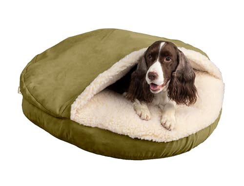 Image of Snoozer Cozy Cave Dog Bed, Round Covered Dog Bed, Olive Micro (XL)