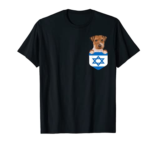 Israel Flag Russell Terrier Dog In Pocket T-Shirt, Black