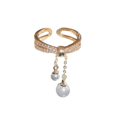 Trendy Layered Pearls Chain Tassel Open Ring For Women 14K Gold Plated CZ Adjustable Statement Wrap Finger Band Rings Eternity Fashion Wedding Engagement Jewelry