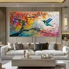ZHUOYA Abstract Colorful Graffiti Tree Hummingbird Landscape Canvas Painting Wall Impressionism Poster Print Living Room Decor(80x120cm/Frameless)
