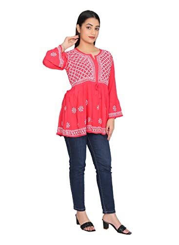 Image of FAWOMENT Women's Rayon Lucknowi Chikan Embroidered Short Frock Style Top - Designer Ethnic Wear with Bell Sleeves - Elegant & Comfortable Kurti for Daily, Festive & Casual Wear