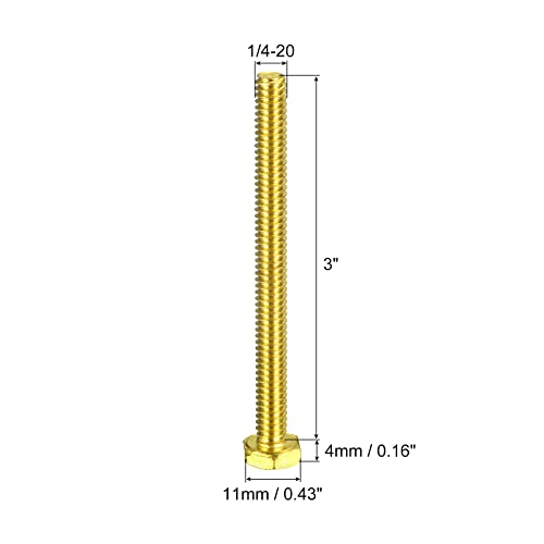 Image of uxcell Brass Hex Bolts, 1 /4-20x3 2pcs Fully Thread Grade 4.8 Solid Brass Hexagon Head Bolt Machine Screws for Machinery