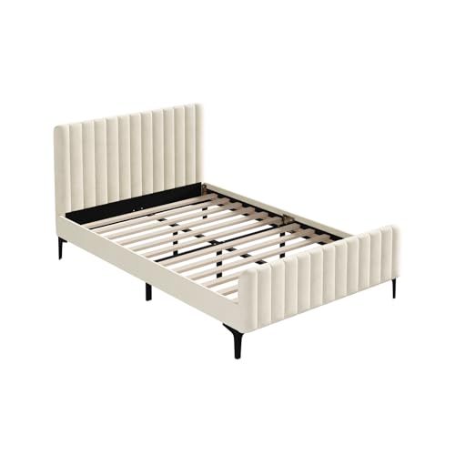 OIKITURE Velvet Bed Frame with Headboard, Wooden Bed Frame Platform Reinforced Bracket Support, Modern Design, Capacity 300KG, 206x146x104CM, for Kids Toddler and Adult, Beige