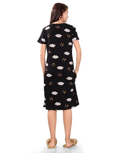 Image of Printed Knee Length Pocket Night Dresses for Women | Cat Lovers | Premium Soft Cotton Nighty | Sky Blue