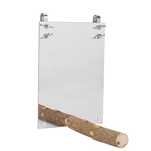 Papageienspiegel, Edelstahl-Vogelspiegel mit stehender Holzstange für Sittich Nymphensittich Conure Lovebirds Finch Canaries