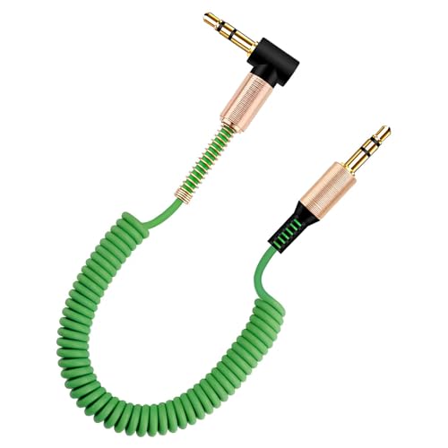 Image of skysia 3.5mm AUX Cable - Spiral Spring Male-to-Male Audio Cord with 90 Right Angle Jack, Stretchable & Tangle-Free Steel Spring Design for Car, Headphones & Speakers Etc (Pack of 1) (Green)