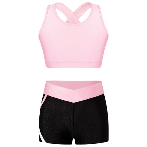Freebily Tuta Ginnastica Artistica Bambina Crop Top Canottiera Stringer Ragazza Pantaloncini Vita Bassa Elastica Leggins Corti Sportivi Fitness Completo Danza Moderna Rosa L 7-8 anni