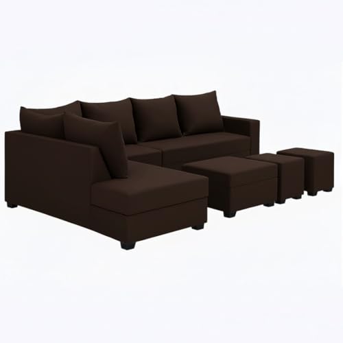 Image of FURNY Gloria 8 Seater Fabric LHS L Shape Sofa Set with 1 Centre Table & 2 Puffy (Dark Brown) Premium Velvet Finish | Ideal of Living Room