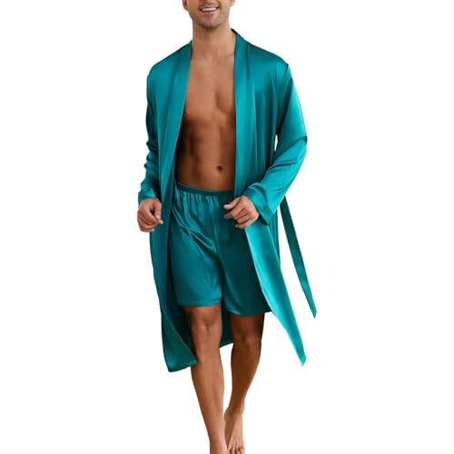 Mens Satin Kimono Robe and Shorts Set, Silky Soft Solid Color Elastic Waist Shorts Set Loungewear Nightwear
