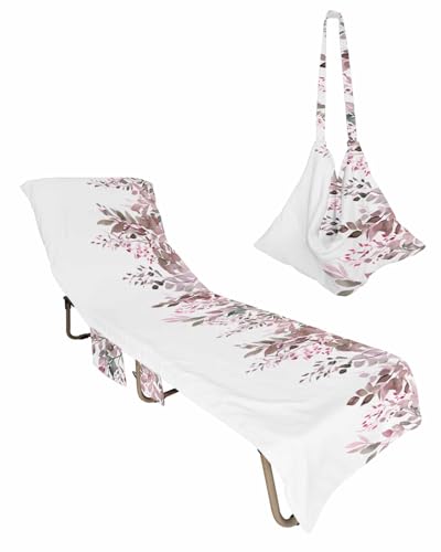 Red Eucalyptus Beach Chair Towel Covers for Chaise Lounge With Side Pocket, Soft Plush Pool Towels Cover for Patio Sunbathing Outdoor 29''x85'' White Watercolor Plant Sweeping Leaves