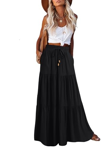 HAEOF Women's Summer Boho Maxi Skirt A-Line Flowy Ruffle Tiered Elastic High Waist Beach Long Skirts with Pockets