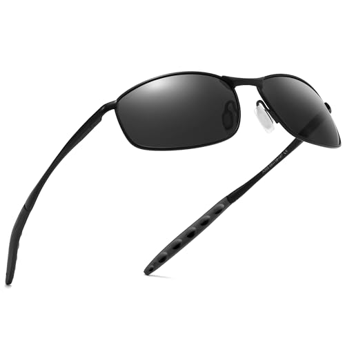SUNGAIT Mens Narrow Polarized Sunglasses Metal Frame Small Rectangle Retro Durable UV400 Protection (Black/Gray)