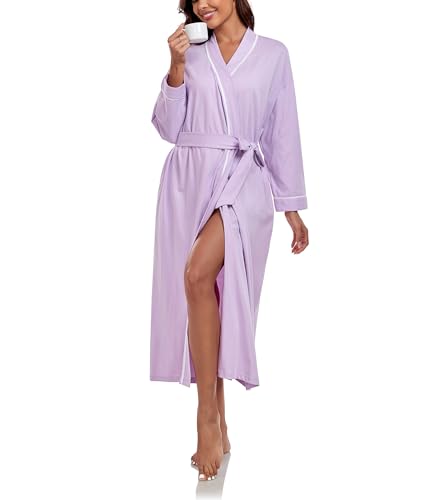COLORFULLEAF 100% Baumwolle Bademantel Damen Leicht Lange Sauna Morgenmantel Langarm Weiche Kimono mit Taschen Frauen Nachtwäsche(Helles Lila,M)