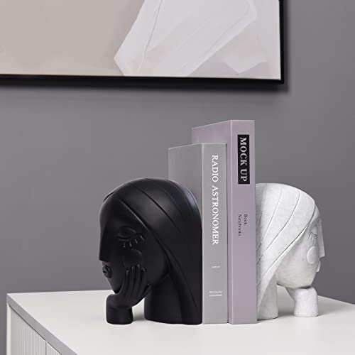 Saysmile Decorative Book Ends For Heavy Books, Unique Women Face Bookends For Shelves With Non-Slip Base Modern Resin Book Holders For Home Office Decor, Great Gifts For Book Lovers(Black&White) #TOP1