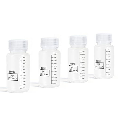 DEMORA Plastic Bottles with Airtight Caps 2oz/60ml, Food Grade Wide Mouth Liquid Containers, Reusable PP Graduated Measuring Bottles for Water Sample Lab Reagent Liquids Mixing (Clear, 4 Pcs)