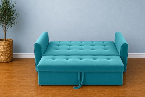 Image of Adorn India Premium Mystic - 3 Years Warranty - 3 Seater Sofa Cum Bed Velvet Suede Fabric - Aqua Blue