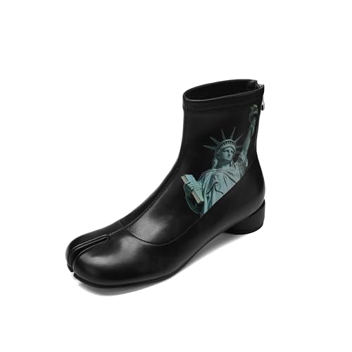 Image of Split Toe Ankle Boots for Women Tabi Japanese Ninja Shoes Low Chunky Heels Booties, Stretch Artificial Leather Boots Back Zipper
