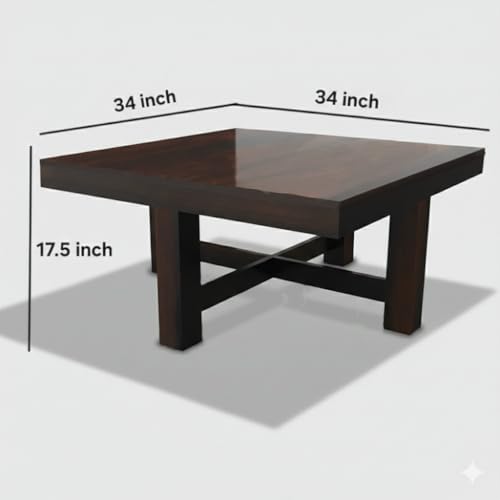 Image of Solid Sheesham Wood Coffee Table for Living Room | Wooden Square Coffee /Tea Table with 4 Cushioned Stools |Center table with Storage Teapoye for Home, Living Room, Balcony, Natural Walnut
