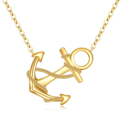 KECHO 14k Solid Gold Anchor Pendant Necklace