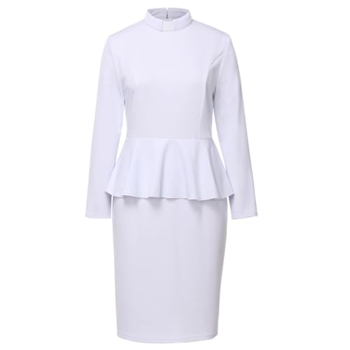 Image of FAD-4U Church Clergy Dress for Women Minister Long Sleeve Ruffle Slim Pencil Dress with Tab Insert Stand Collar
