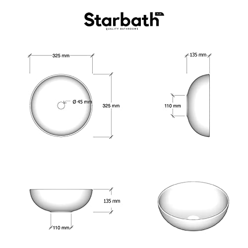 Starbath-Plus-Lavabo-de-Ceramica-con-Forma-Redonda-Color-Blanco-Sin-Taladro-Grifo-Medidas-32-x-32-x-15-cm-Ideal-para-Poner-sobre-Encimera-de-Muebles-de-Banos-y-Aseos