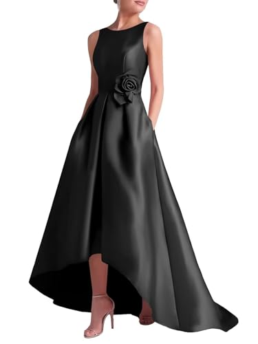 SHANDUAO Satin Hi-Low Mother of The Bride Dresses Crew Neck A Line Formal Wedding Guest Gowns with Pockets ZM023