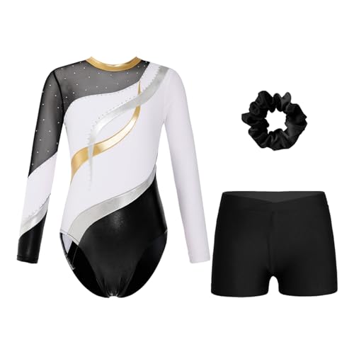 Oyolan Enfant Fille Justaucorps Gymnastique avec Short Ensemble Patinage Danse Gym Tenue Spectacle Costume 5-16 Ans A Blanc 11-12 ans