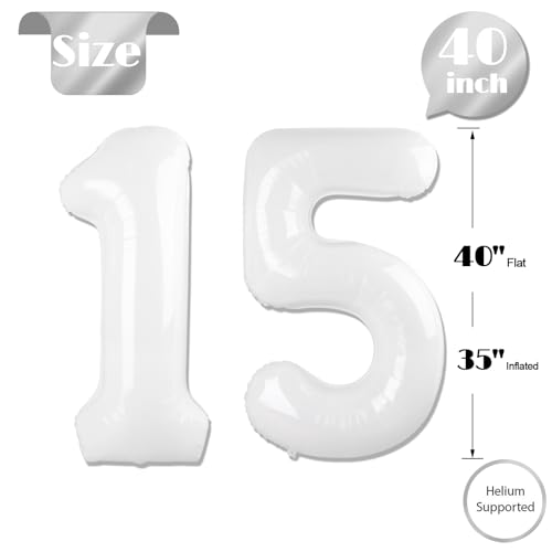 Image of White Number 15 Balloon 40 inch, 15 Number Balloons, 15th White Birthday Decorations 15 Year Old Party Supplies
