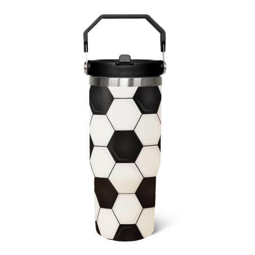 qwpmvhsak 30oz Soccer Flip Insulated Tumbler with Lid Straw, Sports Travel Coffee Mug, Team Athlete Gift for Soccer Players Coaches Boys