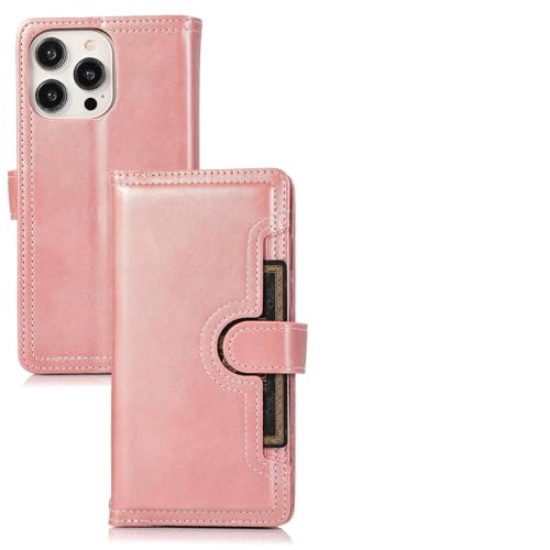 Housse cuir iPhone 14 Pro or rose étui portefeuille double premium avec sangle robuste