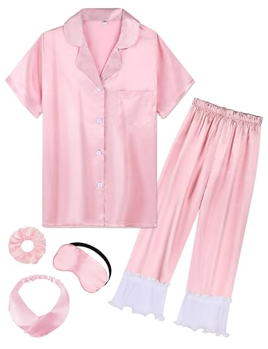 Kids Silk Pajamas Girls 5-pcs Chiffon Ruffled Pajamas Girls Satin Pajama Set Button-down Cute Pjs Set Sleepwear