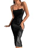 SheIn Damen Spaghettiträger Midikleid Asymmetrisch Figurbetontes Ärmelloses Kleid Enger Sommerkleid Partykleid mit Schlitz Schwarz S