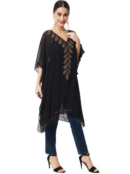 LE BOURGEOIS Women Black Poly-Georgette Golden Beaded Embellished Kaftan (No Lining)