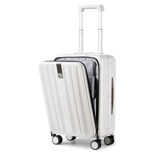 Image of Hanke 16 20 24 26 Inch Carry On Suitcase PC Hardshell Luggage Top Open Aluminum Frame Rolling Suitcases with Wheels Travel Luggage for Womem Men, Ivory White Upgrade, 20 Inch, 20 Inch Carry on Luggage