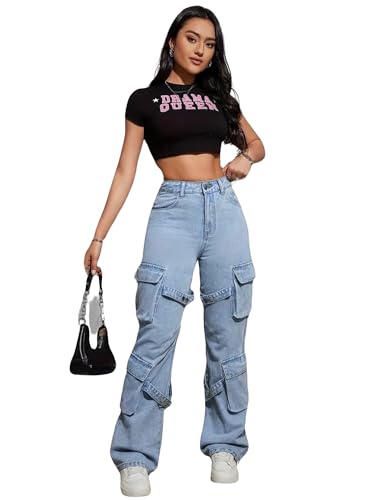 Image of Glossia Fashion Blue Women Cargo Jeans | High Waist Stretchable Wide Leg Loose Fit Denim| Boyfriend Cargo Jeans for Women(WJ-1225)