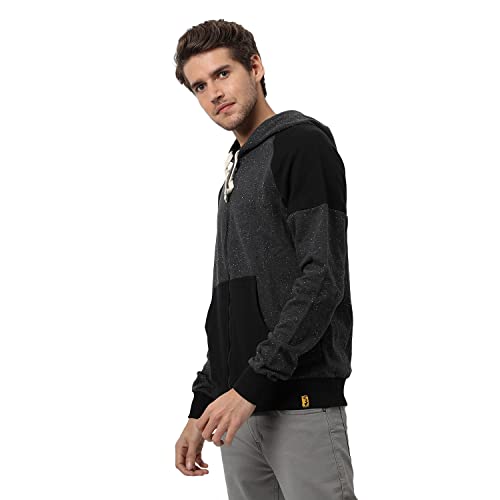 Image of CAHOOT Men's Dark Blue Zip-Front Hoodie with Contrast Drawstring for Casual Wear | Long Sleeve | Hooded Neck | Zipper Closure | Cotton Sweatshirt Crafted with Comfort Fit for Everyday Wear