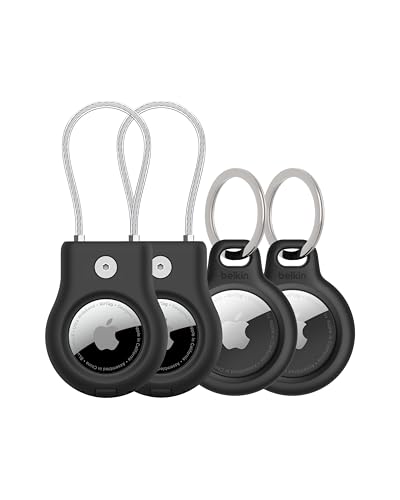 Belkin Apple AirTag Secure Holder w/Key Ring + Wire Cable, Scratch-Resistant Case with Open Face & Raised Edges – Protective AirTag Keychain Accessory for Keys, Pets, Luggage, & More – Black (4-Pack)