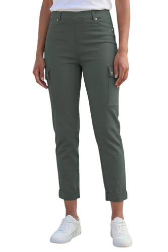Image of Roman Cargo Trousers for Women UK Ladies Stretch Combat Pants Turn Up High Waist Rise Pull On Smart Casual Slimming Work Office Fitted Straight Leg Pockets Summer - Khaki - Size 18
