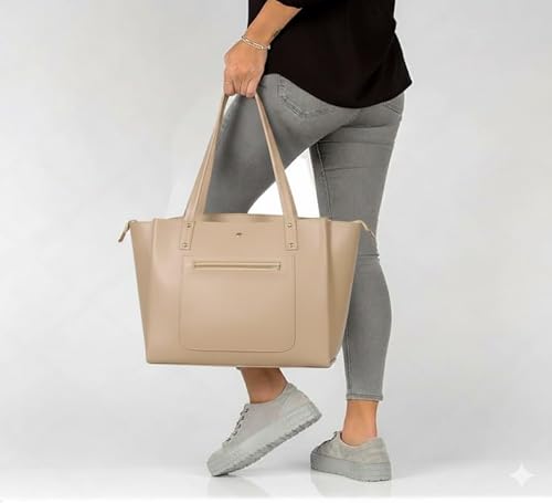Image of tote bag for women office use - Brown Vegan Leather Tote Bag for Work-Office, Laptop 15-inch Fully Embossed Shoulder Handbag Stylish & Durable