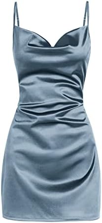 ZAFUL Women's Satin Sleeveless Spaghetti Strap Mini Dress Side Slit Cowl Neck Cocktail Party Dresses