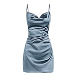 ZAFUL Women's Satin Sleeveless Spaghetti Strap Mini Dress Sexy Slip Cowl Neck Silky Cocktail Party Dresses(Blue-F, M)