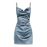 ZAFUL Womens Sexy Sleveless Spaghetti Strap Sheeny Draped Slip Cocktail Open Back Satin Silky Party Cami Mini Dress(Blue-F, XS)