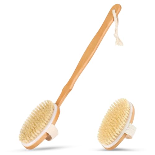 Back Scrubber for Shower,Shower Brush for Exfoliating Skin and A Soft Scrub, Body Brush Head for Wet or Dry Brushing, Long Wooden Handle Cleans The Body Easily