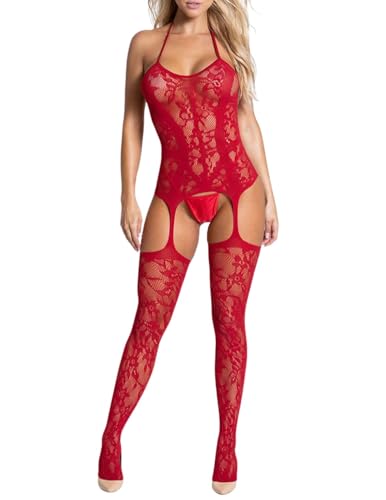 Lingerie Sexy Femme Bodystocking en Résille Transparente Combinaison Fishnet Dentelle avec Porte-Jarretelles, Body Une Pièce Érotique Bas de Nuit Ensemble...