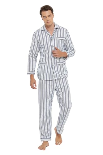 GLOBAL Pijamas para Hombres 100% Algodón Cómoda Ropa de Dormir Manga Larga con Botones Parte Superior Cordón Elástico Parte Inferior Conjuntos de Pijamas de Franela Rayas o Cuadros PJS S-XXL