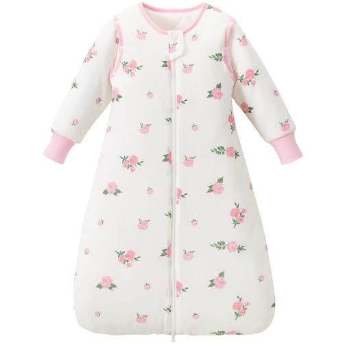 Nivolltha 3.5 TOG Super Soft Baby Sleeping Bag with Detachable Long Sleeves, 100% Cotton Thick Winter Sleeping Bag 18-36 Months, Bloom